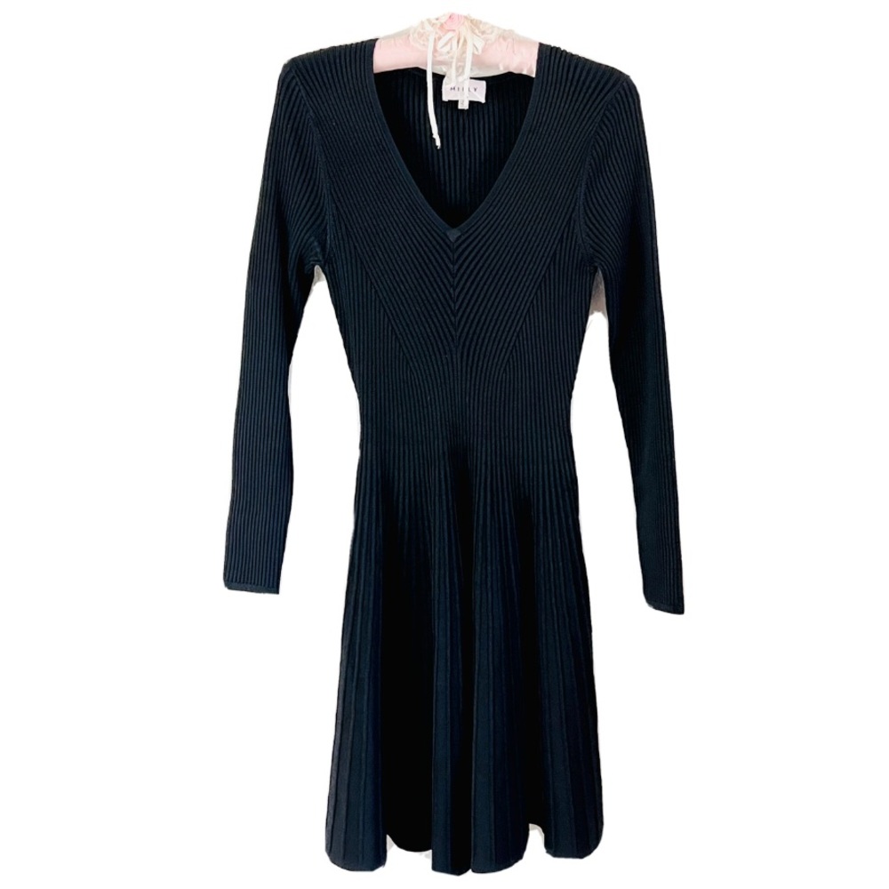 Milly Black Knit Long Sleeve V-neck Swing Full A-line Mini Dress